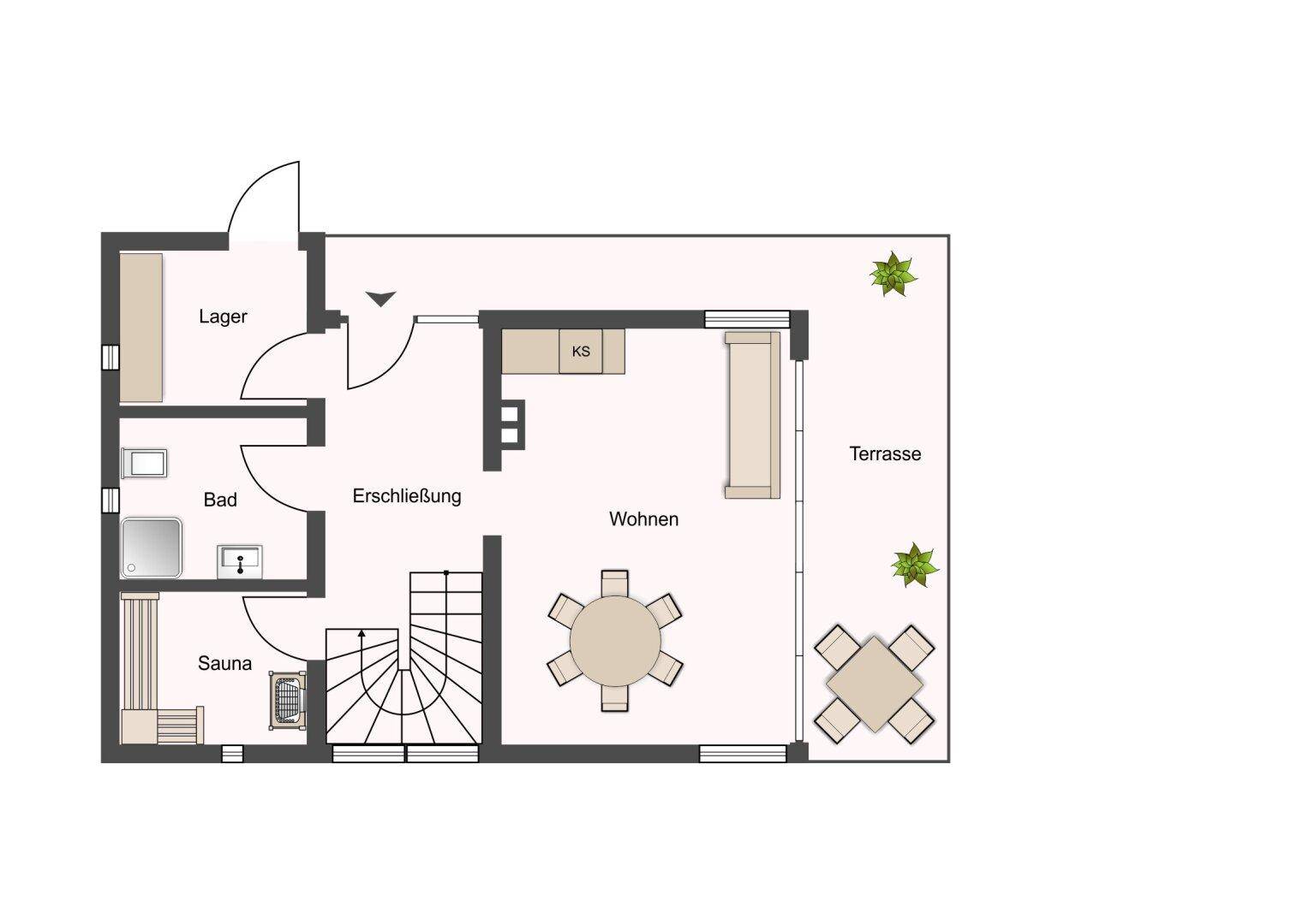 Grundriss des Erdgeschosses mit Wohnbereich, Bad, Sauna und Zugang zur Terrasse.