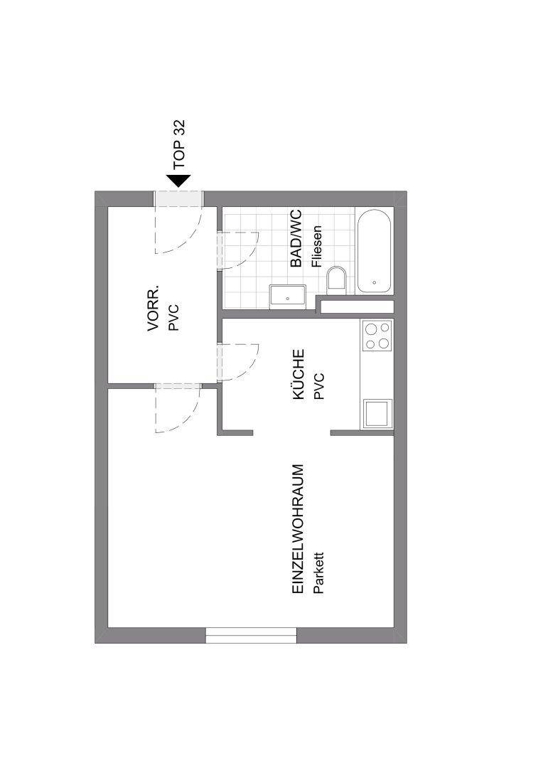 Grundriss der Wohnung "Top 32" mit Wohnraum, Küche, Bad/WC und Vorraum.