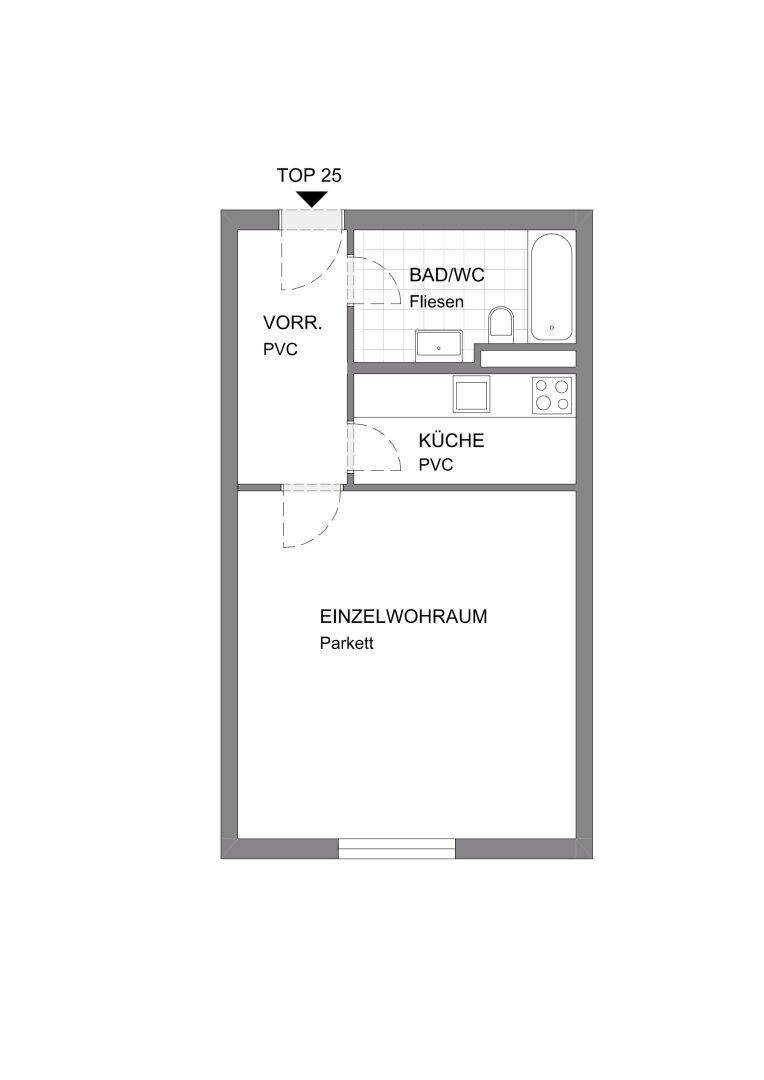 Grundriss einer kleinen Wohnung mit Einzelwohnraum, Küche und Bad/WC.