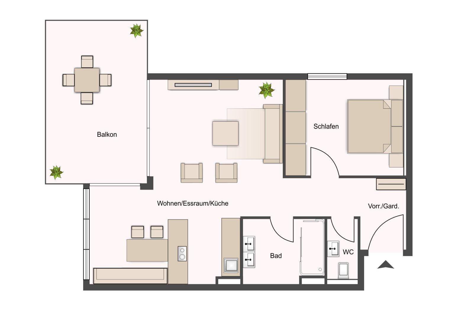 Grundriss einer modernen Wohnung mit offenem Wohnbereich, Schlafzimmer, Bad und Balkon.