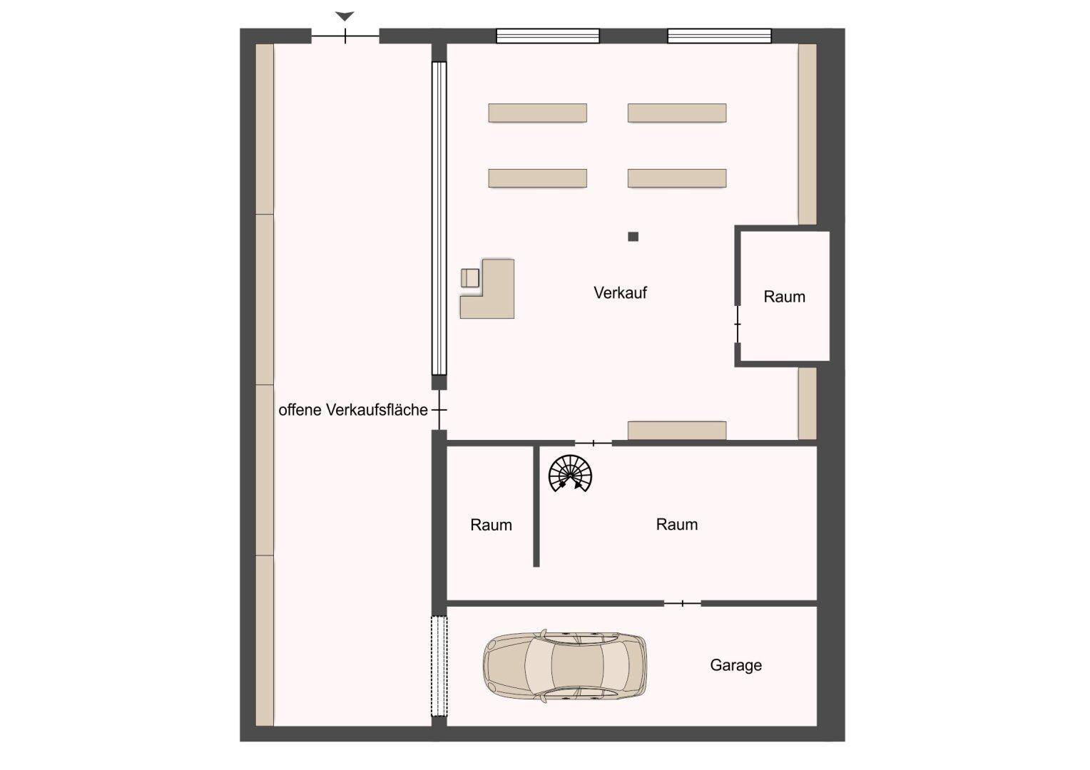 Grundriss des Erdgeschosses mit Verkaufsfläche, Räumen und einer Garage.