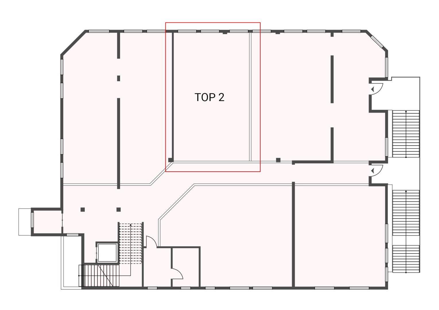 Grundrissplan eines Gebäudegeschosses mit hervorgehobener Einheit TOP 2.