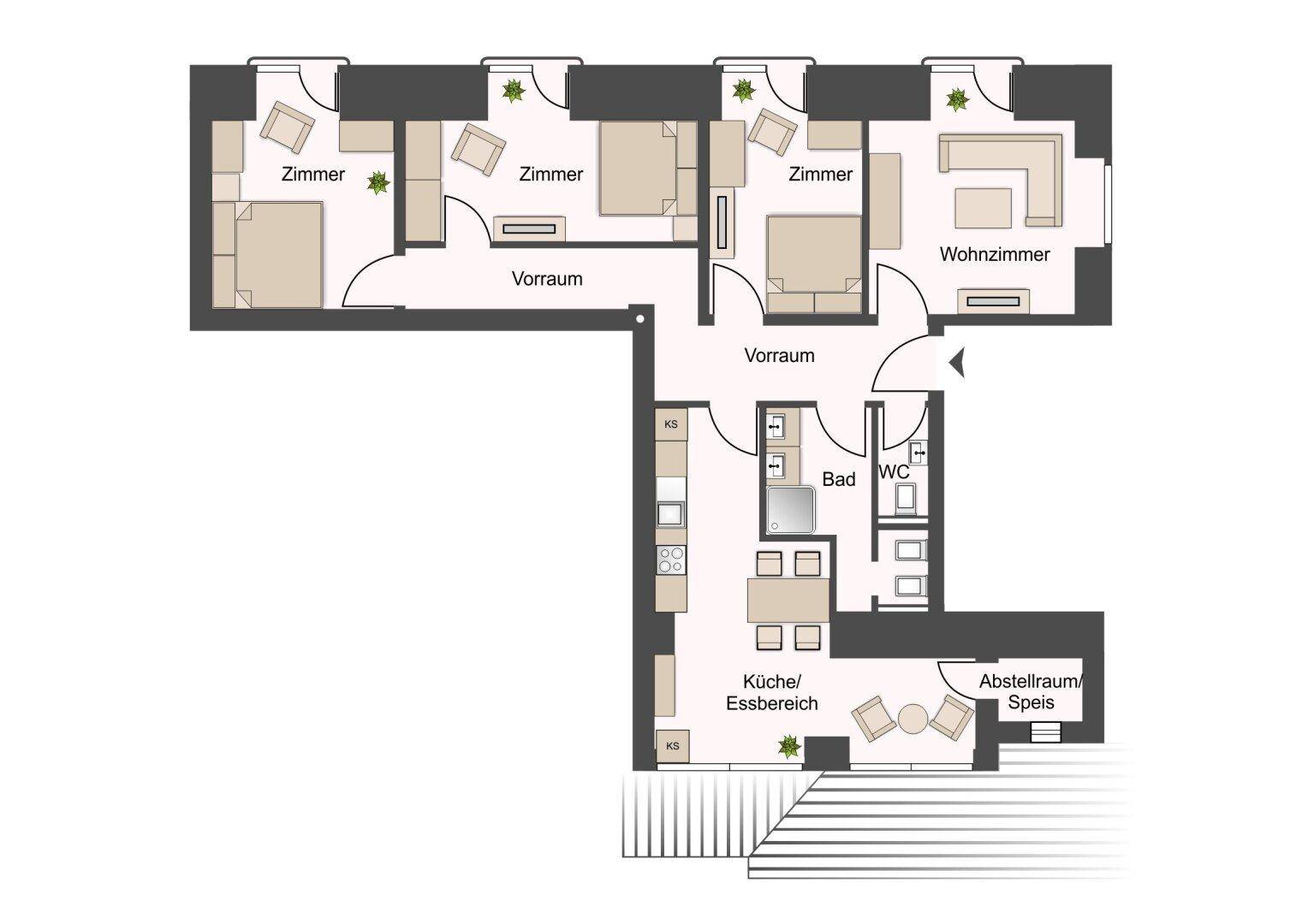 Grundriss mit drei Zimmern, Wohnzimmer, Küche/Essbereich, Bad und WC.