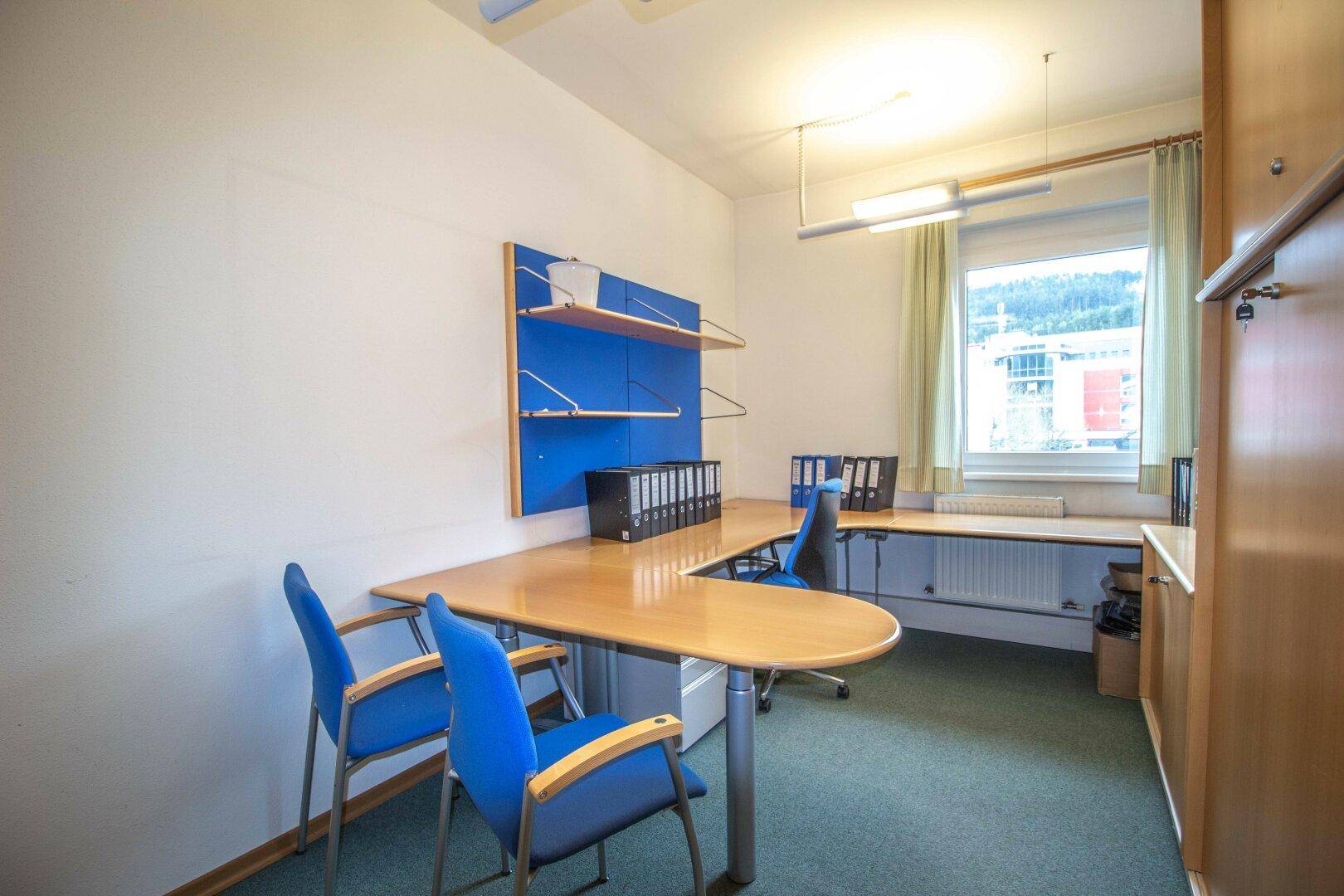 Einzelbüro mit blauem Akzentregal, Holzschreibtisch und Teppichboden, gut beleuchtet.