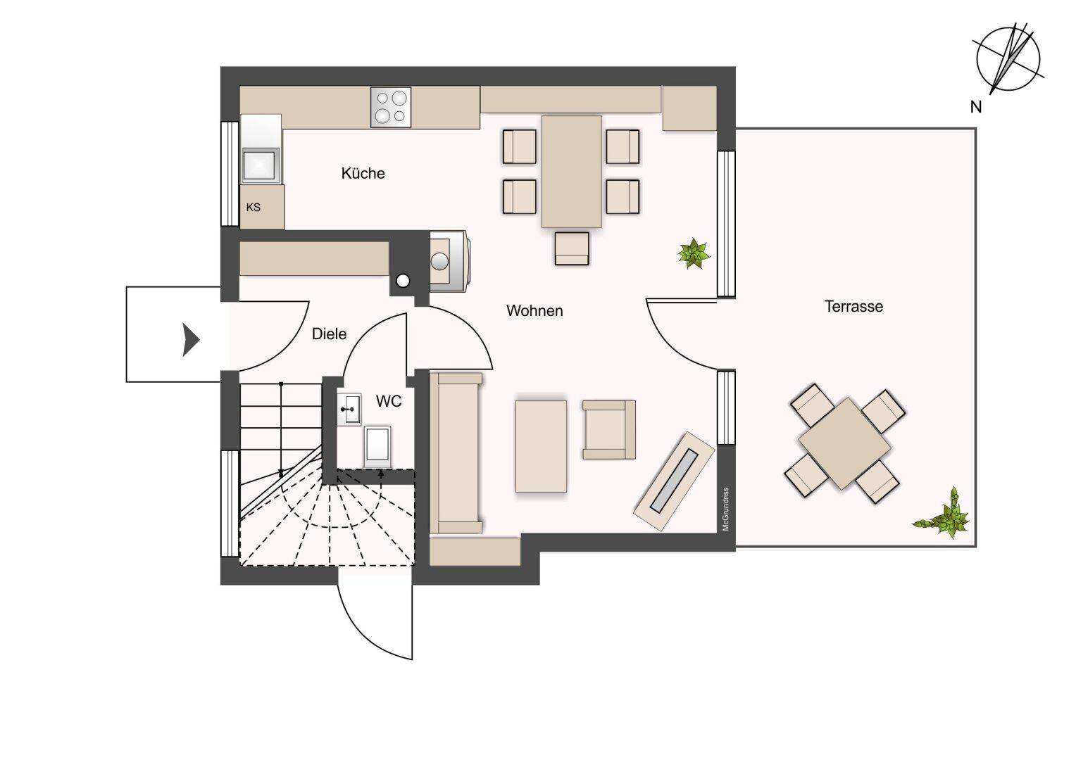 Grundriss des Erdgeschosses mit offener Küche, Wohnbereich, WC und großer Terrasse.