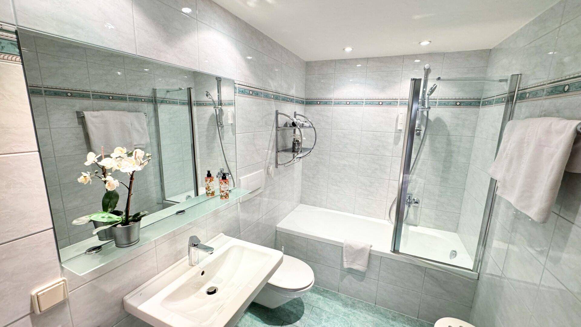 Modernes Badezimmer mit Badewanne, Duschabtrennung und großem Spiegel.