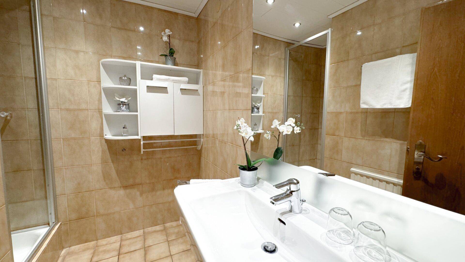 Helles Badezimmer mit beigefarbenen Fliesen, Duschkabine und modernem Waschbecken.