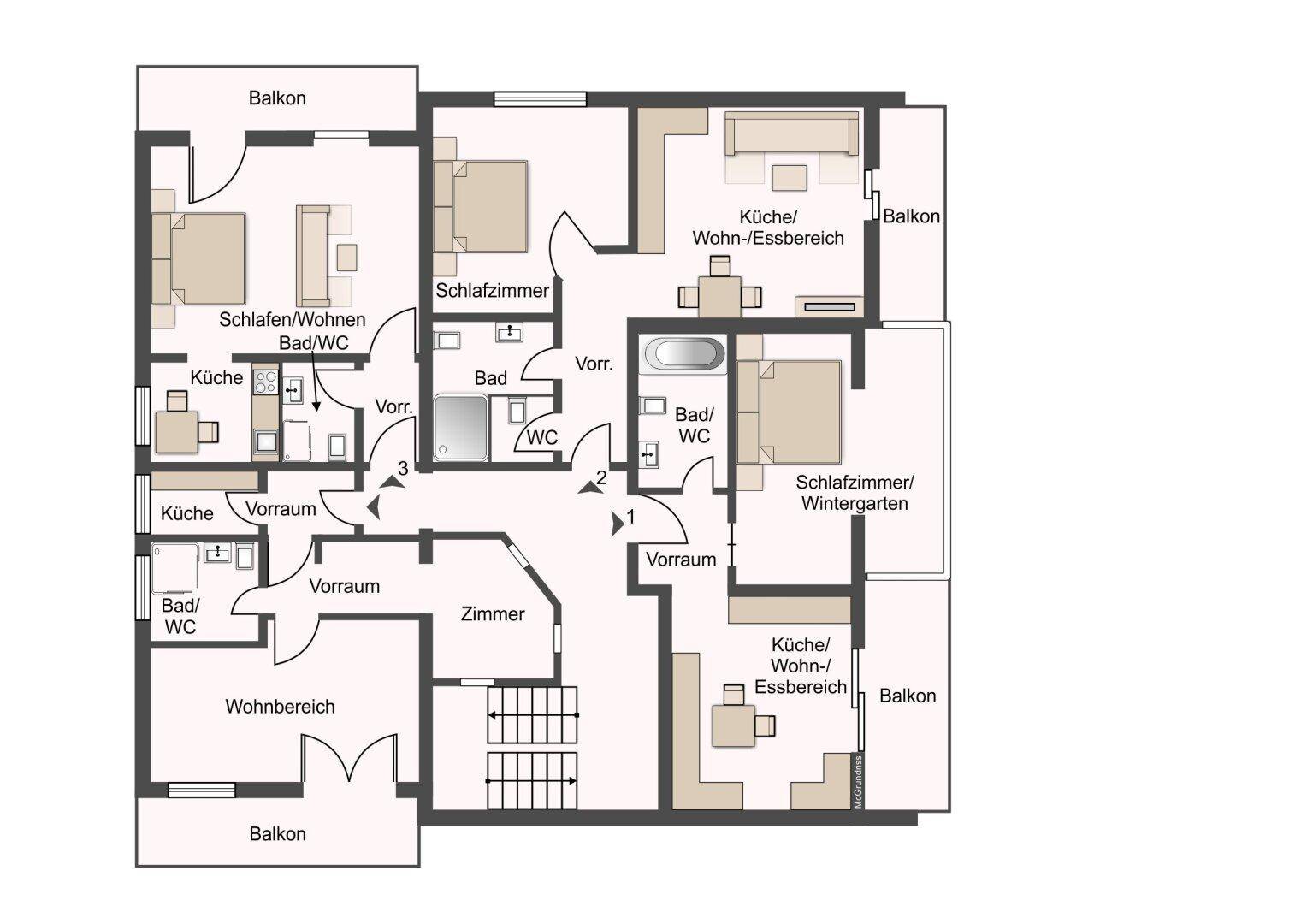 Grundriss einer Etage mit mehreren Wohneinheiten, Balkonen und Wintergarten.