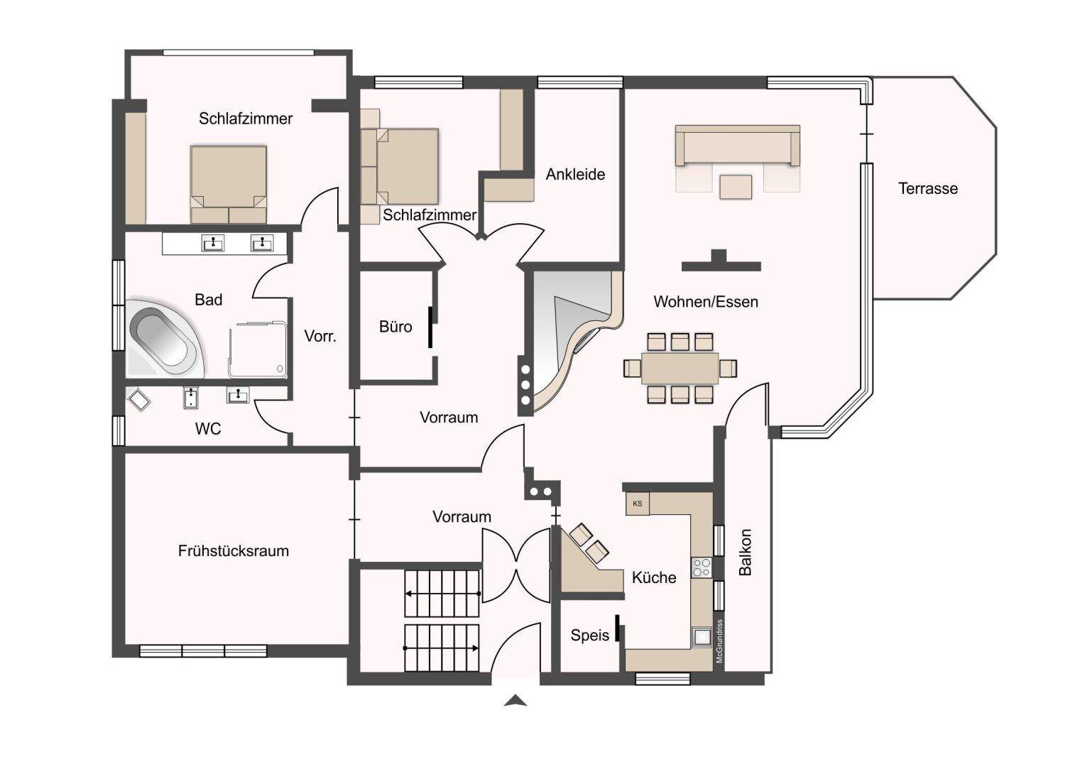 Grundriss des Obergeschosses mit Schlafzimmern, Büro, Wohn-/Essbereich und Balkon.