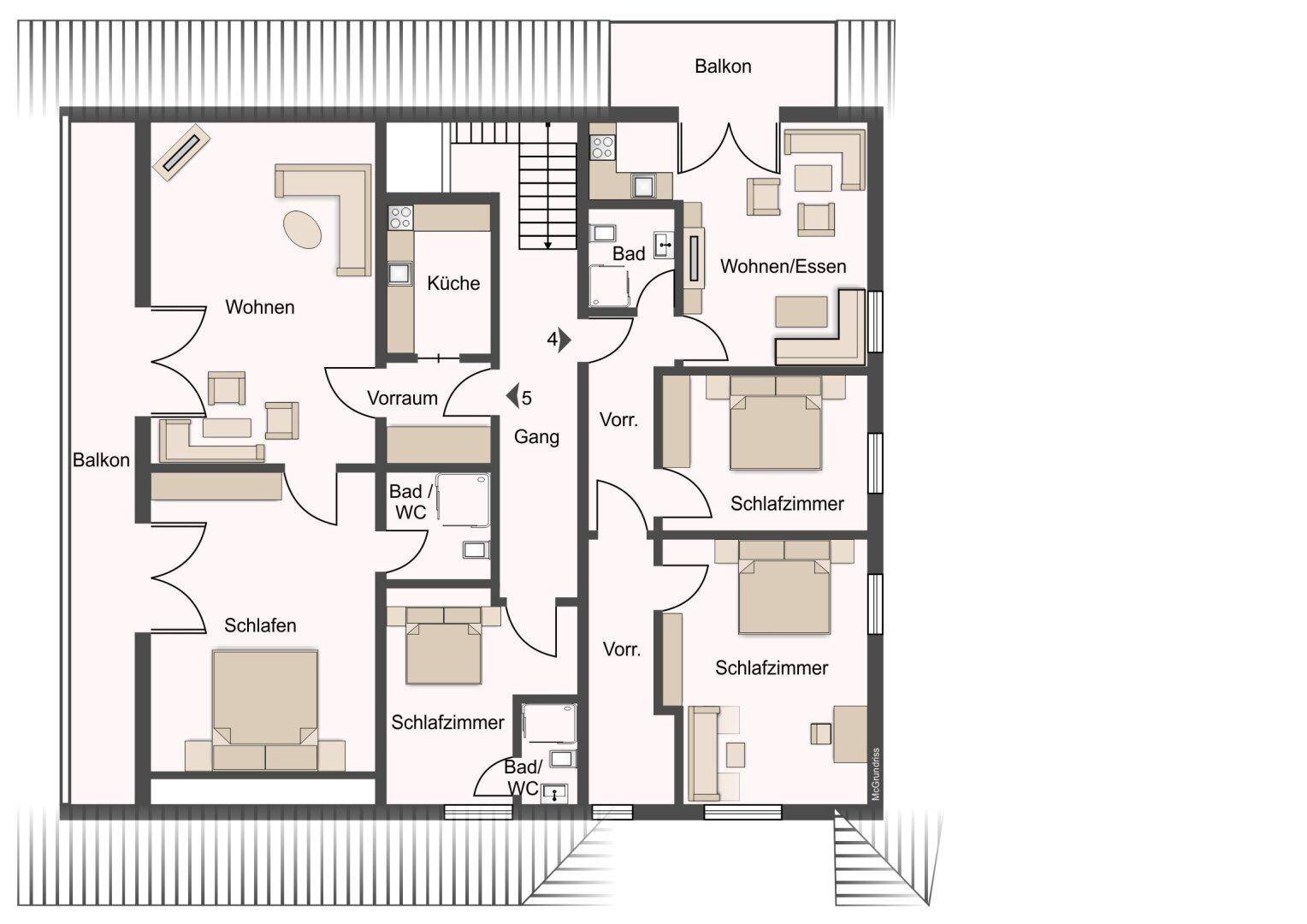 Grundriss einer weiteren Etage mit Wohnbereichen, Schlafzimmern und mehreren Balkonen.