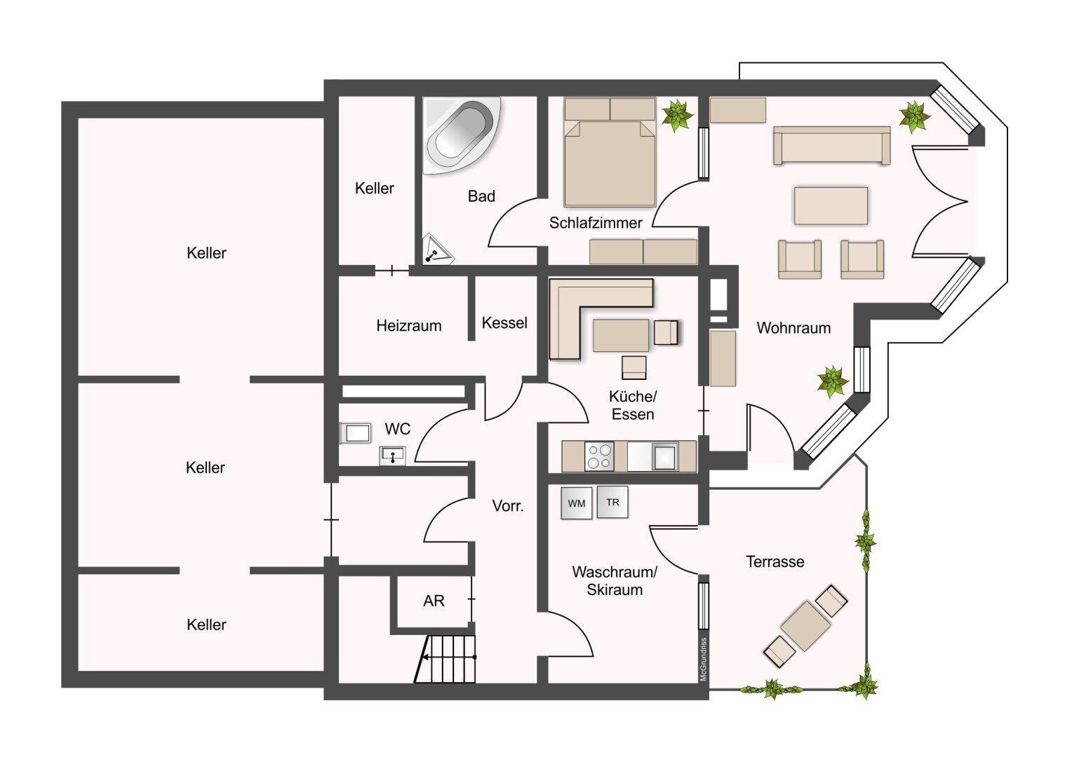 Grundriss des Erdgeschosses mit Keller, Wohnraum, Küche/Essen und Terrasse.
