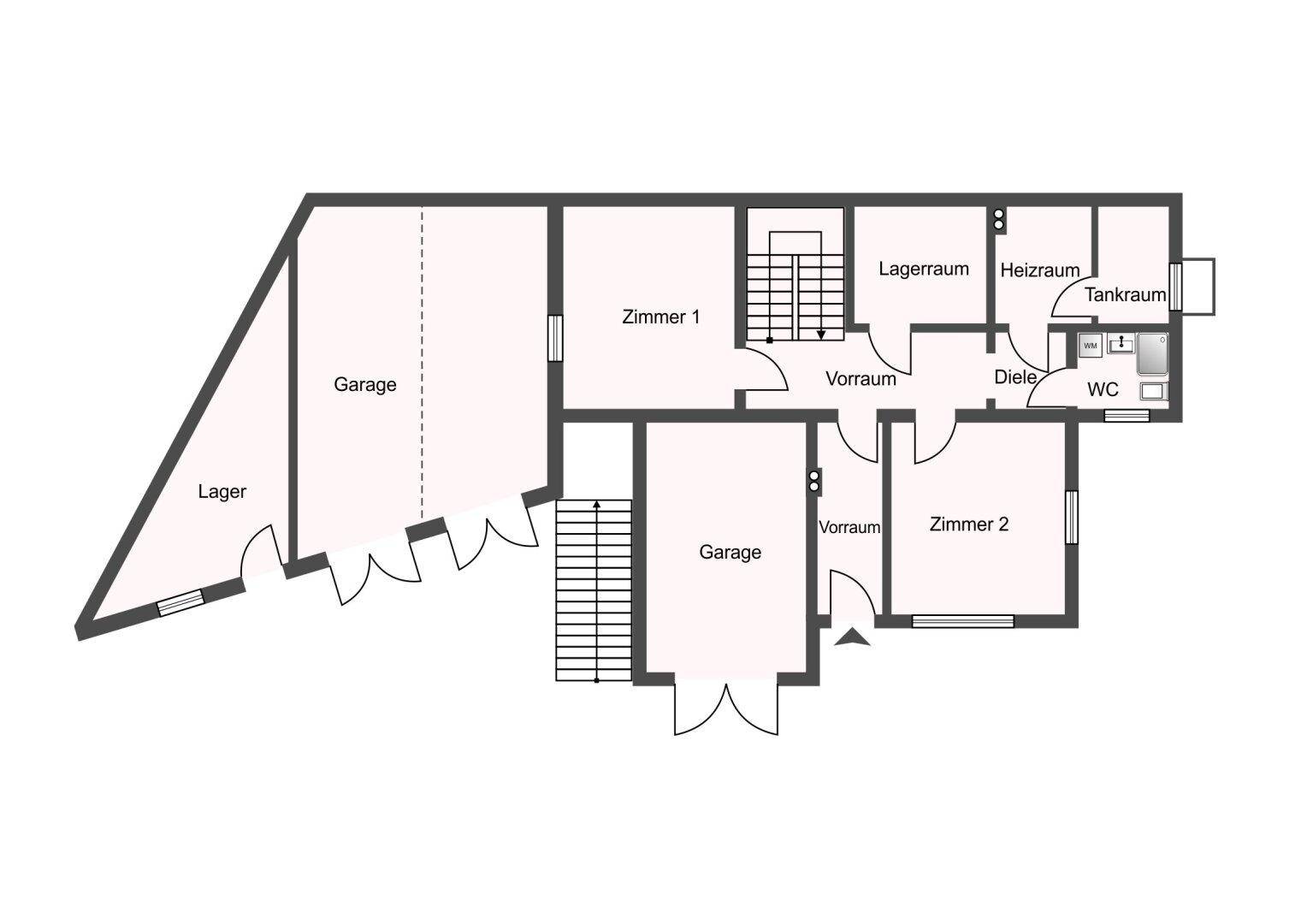 Grundriss des Untergeschosses mit Garage, Lagerräumen und zwei Zimmern.