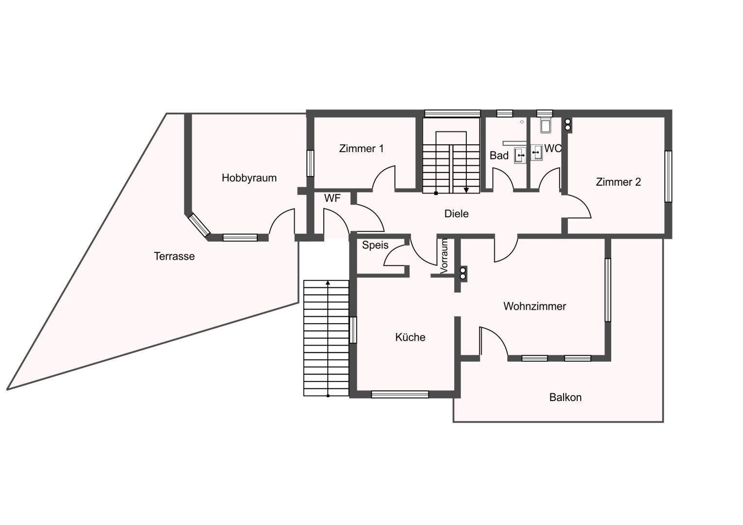 Grundriss des Erdgeschosses mit Küche, Wohnzimmer, Terrasse und Balkon.
