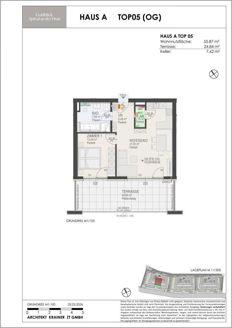 Grundriss einer modernen Wohnung mit einem Schlafzimmer, Bad und großer Terrasse.