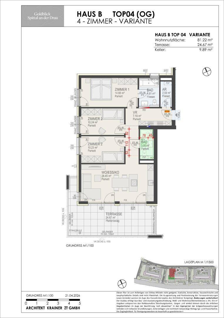 Grundriss einer 4-Zimmer-Wohnung mit offener Wohnküche, zwei Bädern und großer Terrasse.