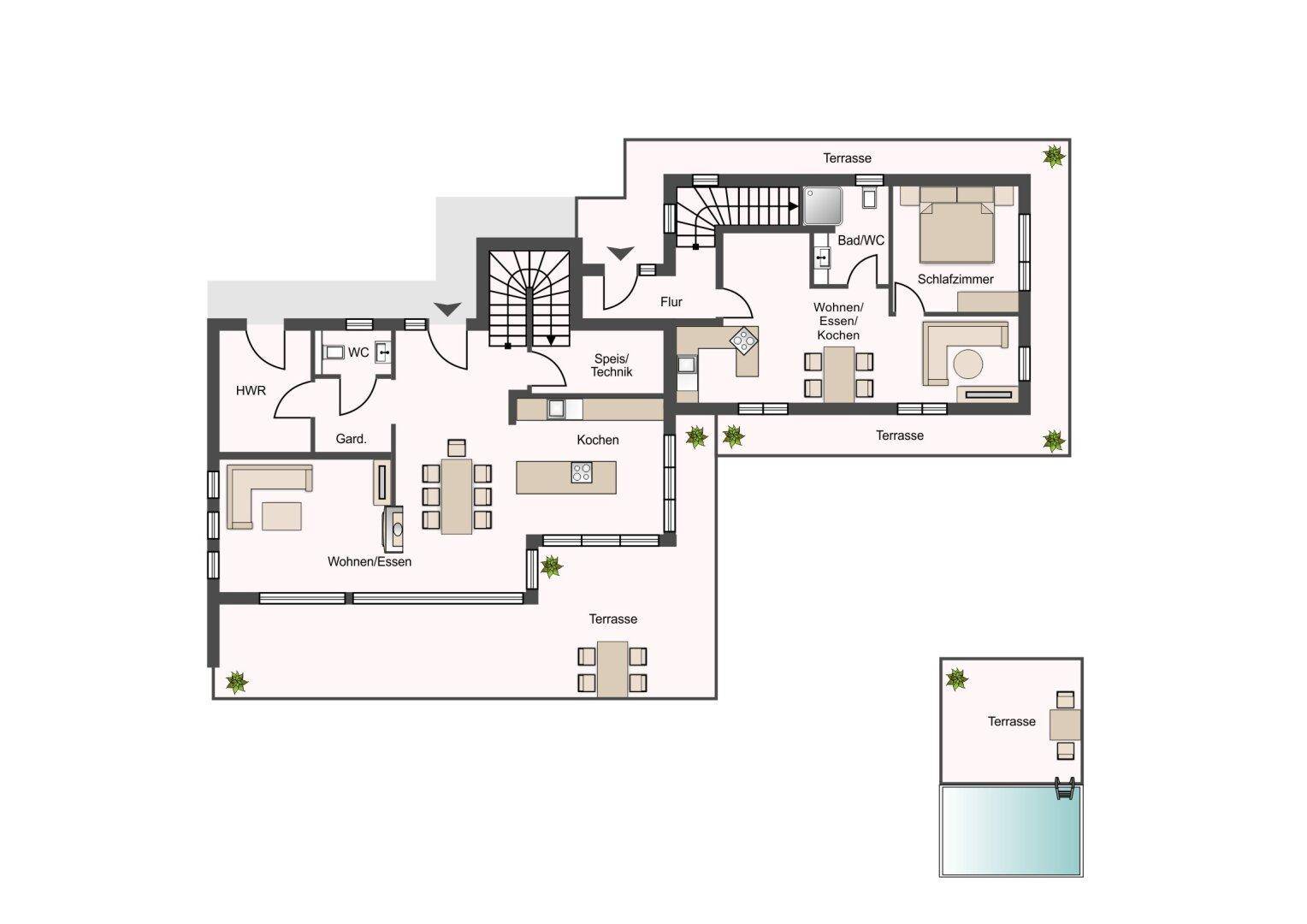 Grundriss des Erdgeschosses mit offenem Wohnbereich, Küche und Terrassenzugang.