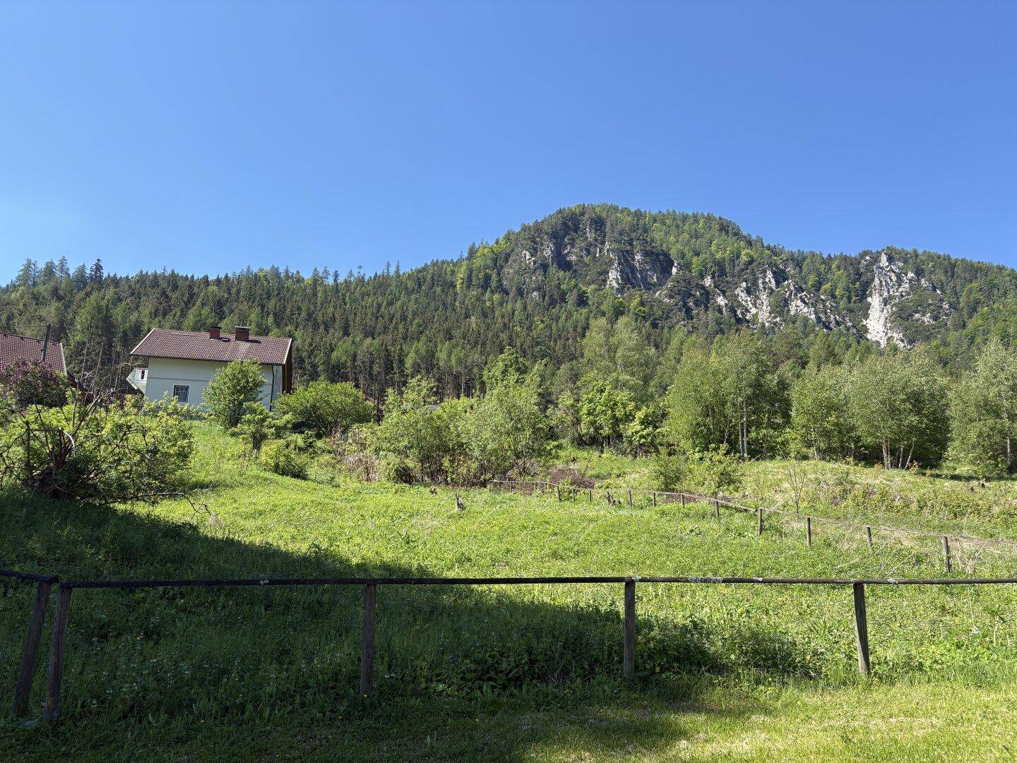 Haus in idyllischer Berglandschaft, umgeben von grünen Wiesen und bewaldeten Hügeln unter strahlend blauem Himmel.