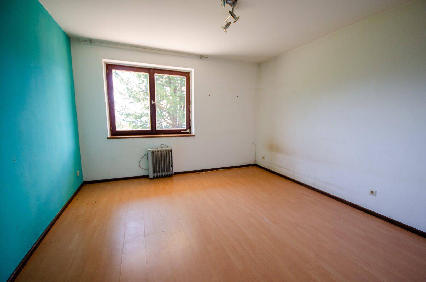 Schlafzimmer mit Holzboden, einer farbigen Akzentwand und einem Fenster mit Blick ins Grüne.