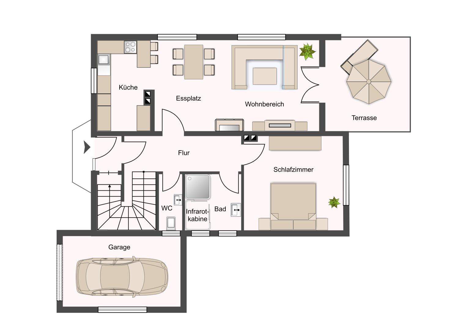 Grundriss des Erdgeschosses mit Garage, offenem Wohnbereich und Terrasse.