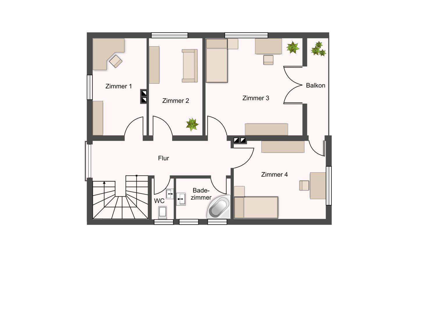 Grundriss des Obergeschosses mit vier Zimmern, Badezimmer und Balkon.
