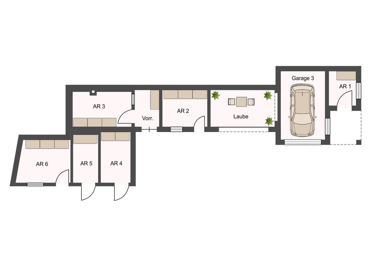 Grundriss des Nebengebäudes mit Garage, Laube und mehreren Abstellräumen.