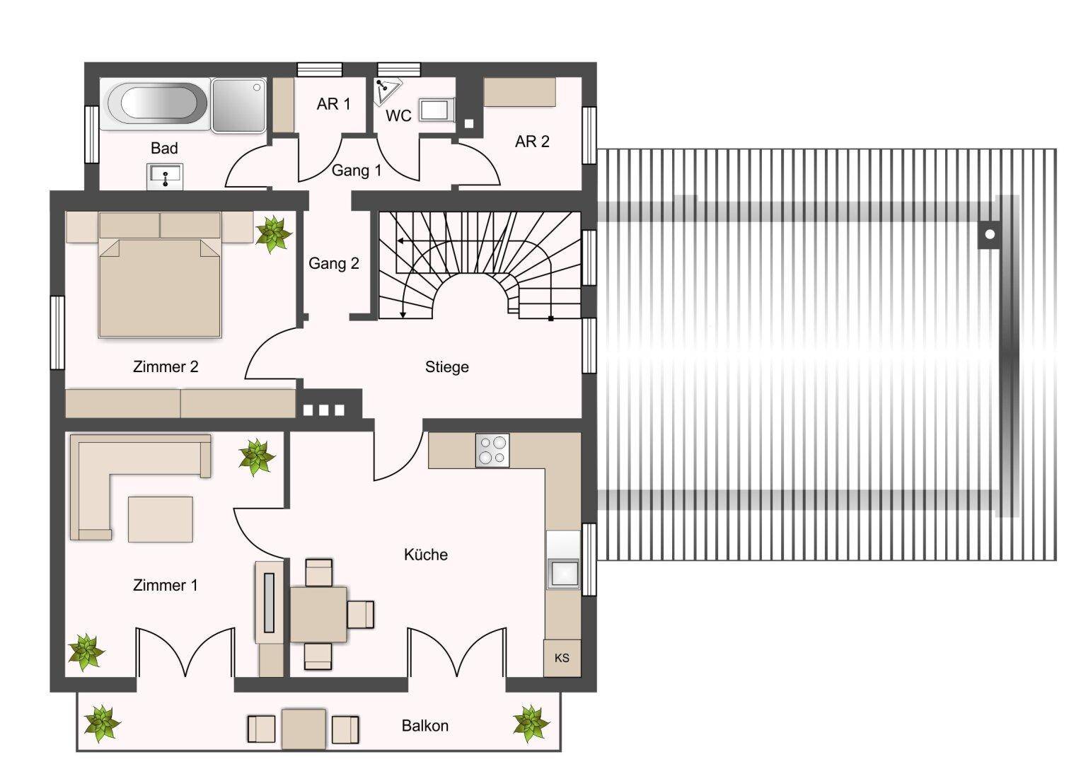 Grundriss des Obergeschosses mit Bad, WC, Küche, zwei Zimmern und Balkon.