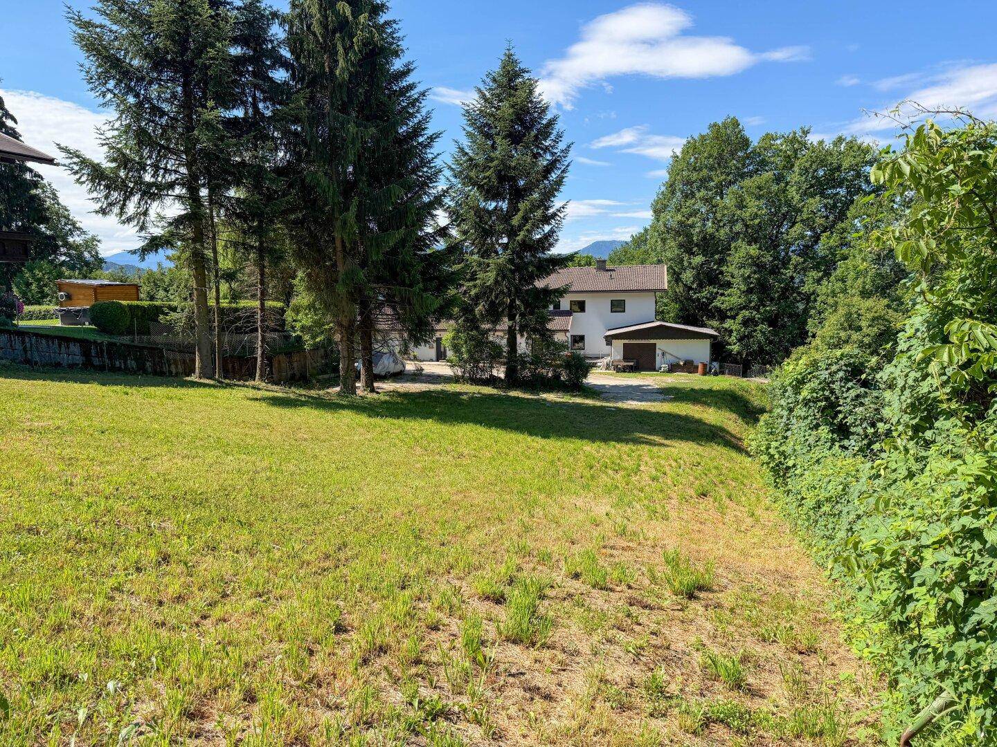 Grünes Grundstück mit Wiese und Bäumen, im Hintergrund ein Wohnhaus mit Garage und Bergpanorama.