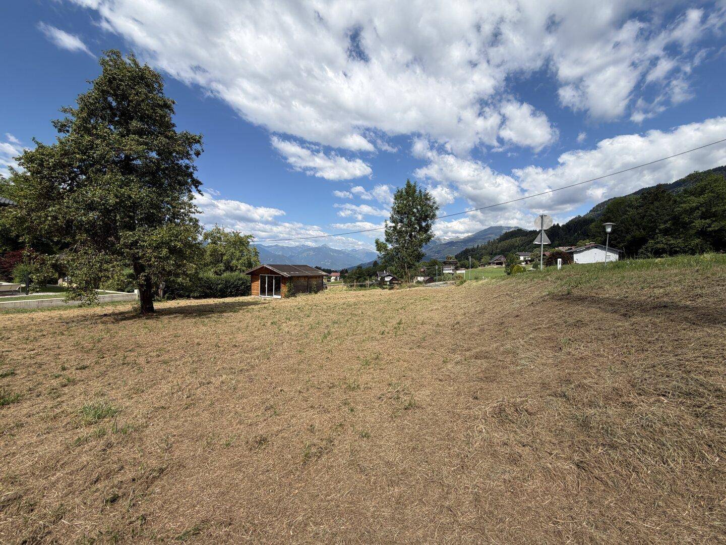 Weitläufiges Grundstück mit trockenem Gras, einem Baum und einer kleinen Holzhütte vor Bergkulisse.