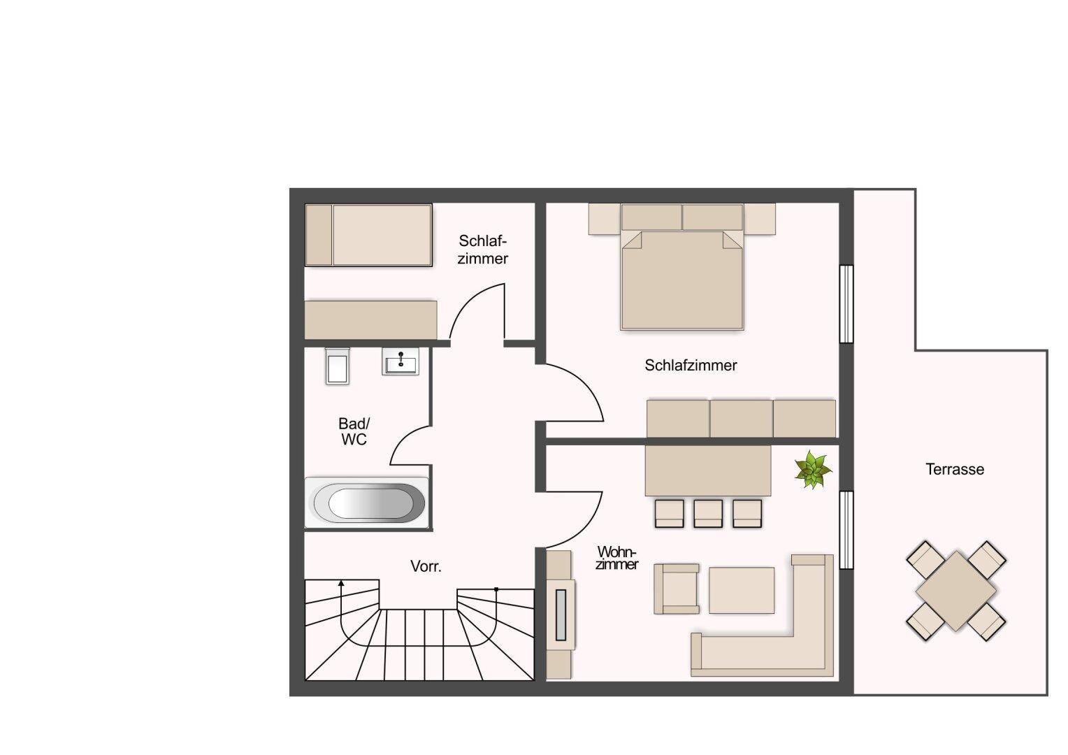 Grundriss des Obergeschosses mit zwei Schlafzimmern, Bad/WC und großer Terrasse.