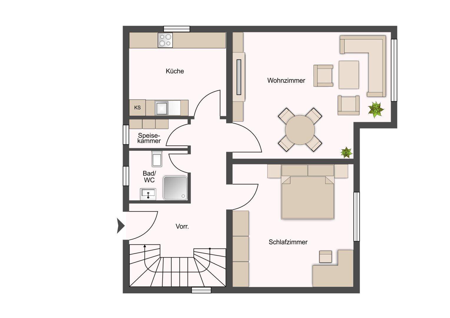 Grundriss des Erdgeschosses mit Küche, Wohnzimmer, Schlafzimmer und Bad/WC.