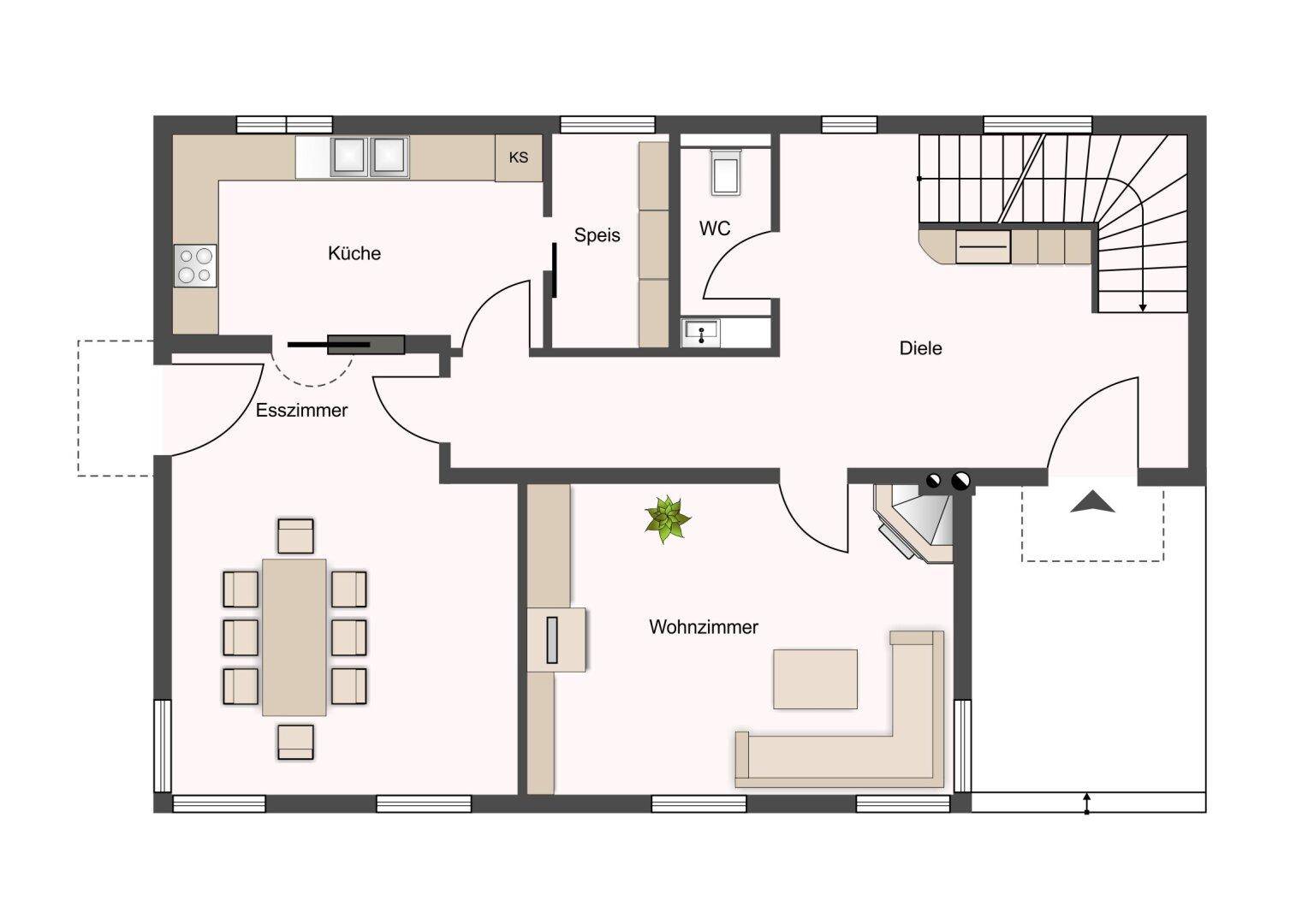 Grundriss des Erdgeschosses mit offener Küche, Esszimmer, Wohnzimmer und Diele.