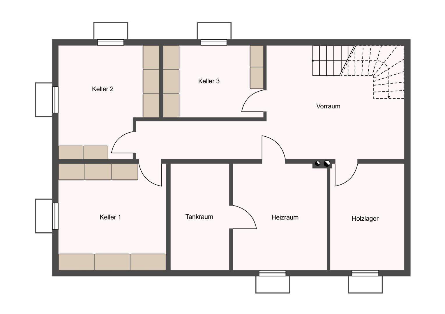 Grundriss des Kellers mit mehreren Kellerräumen, Tankraum, Heizraum und Holzlager.