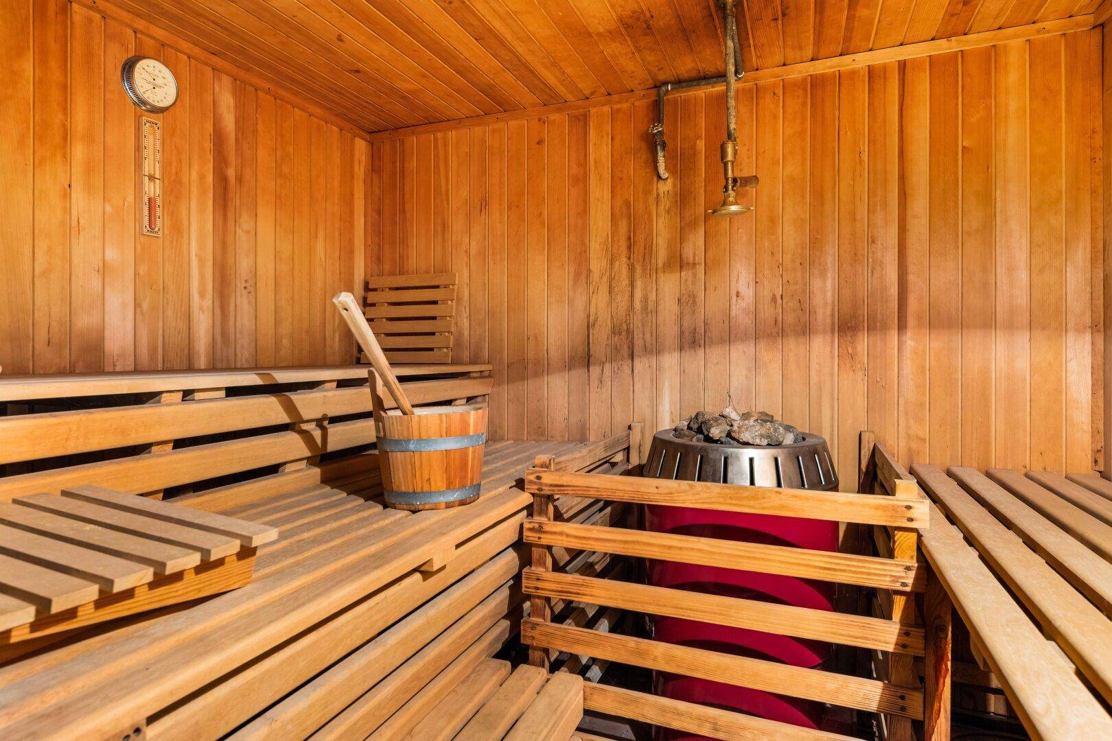 Traditionelle Holzsauna mit mehreren Bänken und Saunaofen für entspannende Momente.