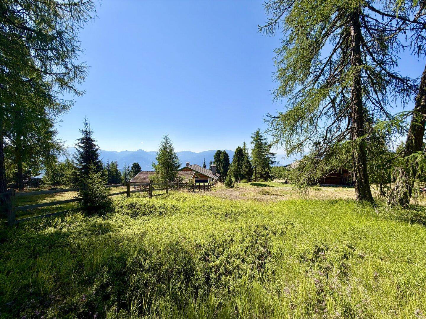 Weitläufige Wiesenlandschaft mit verstreuten Holzhäusern und Bergblick unter klarem Himmel.