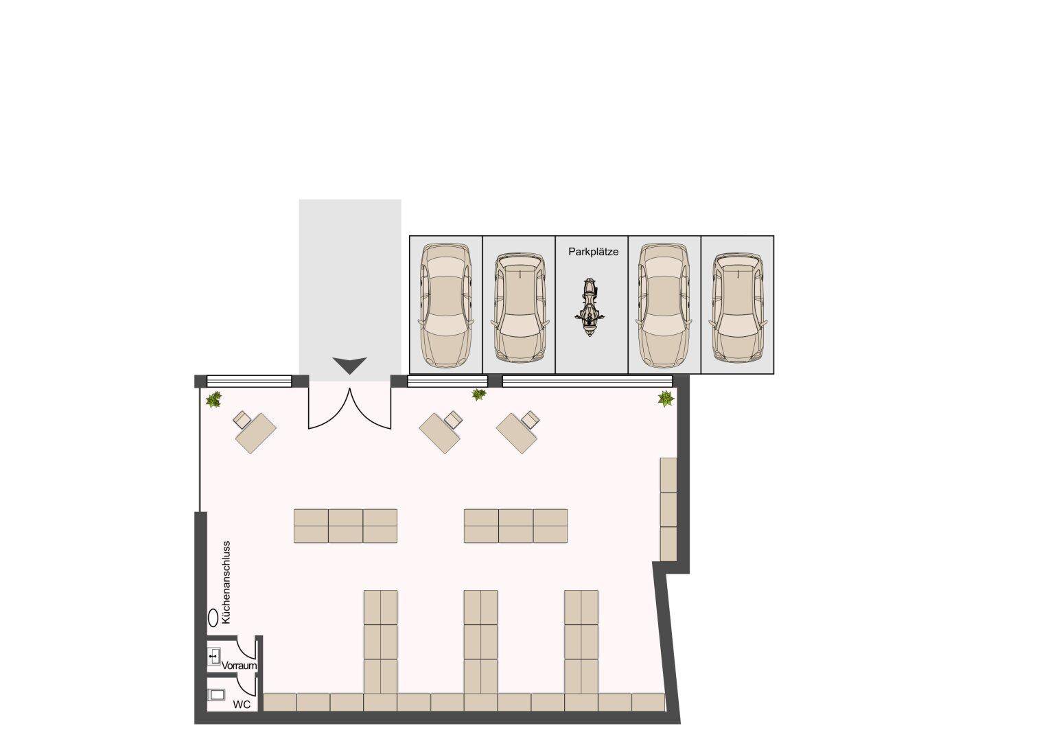 Grundrissplan eines Gewerbeobjekts mit Verkaufsfläche, WC und vier Außenparkplätzen.