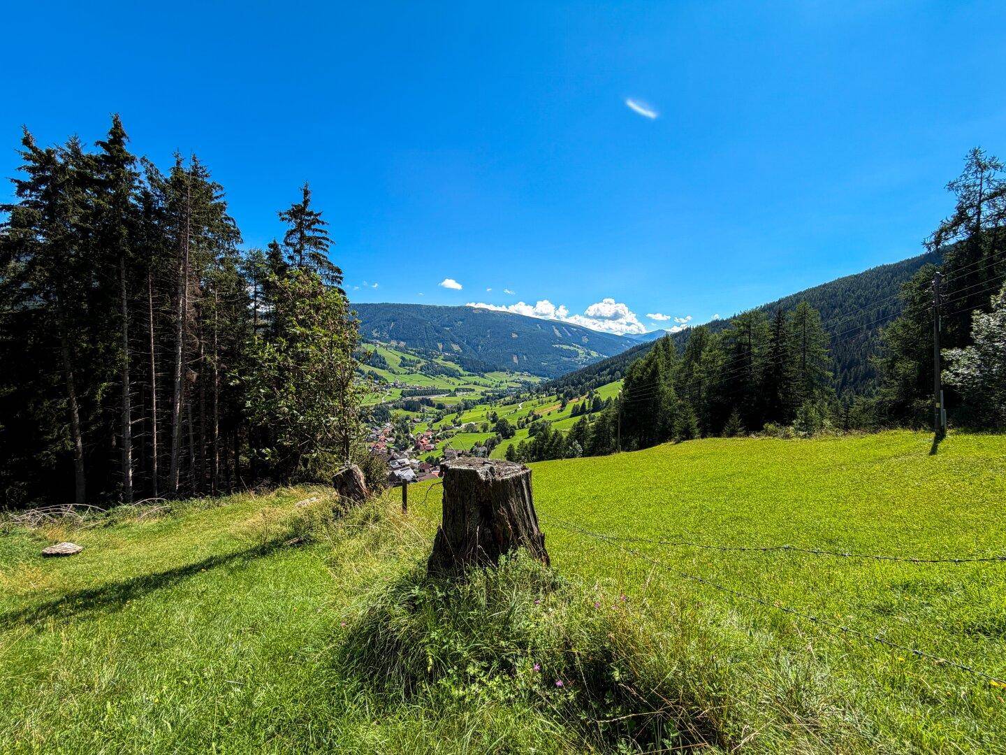 Weitläufige grüne Berglandschaft mit Wäldern und einem malerischen Talblick unter blauem Himmel.