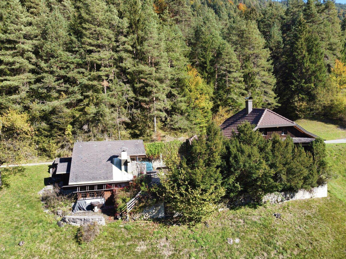 Luftaufnahme des Anwesens mit zwei Gebäuden, umgeben von Wald und grünen Hügeln.