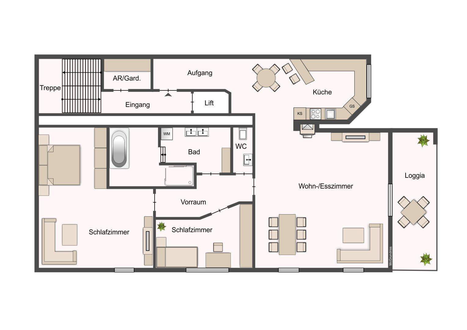Detaillierter Grundriss einer Wohnung mit drei Schlafzimmern, offenem Wohn-/Essbereich und Loggia.