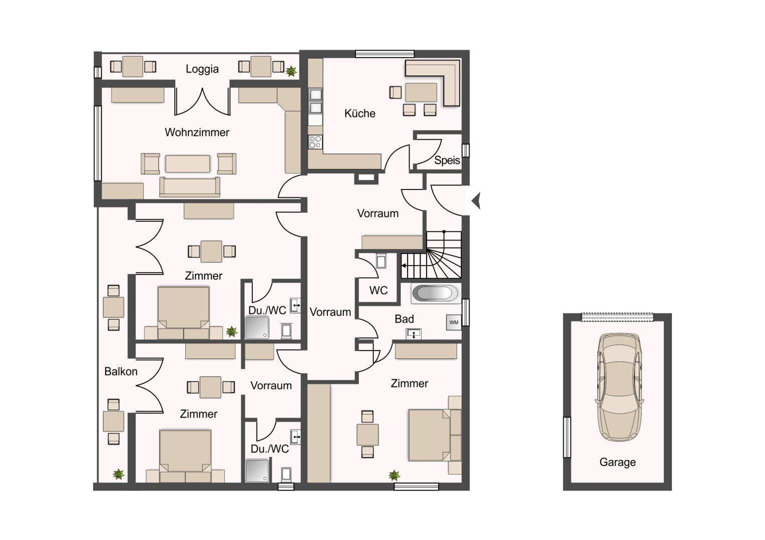 Grundriss des Obergeschosses mit Wohnzimmer, Küche, Schlafzimmern, Bad und Garage.