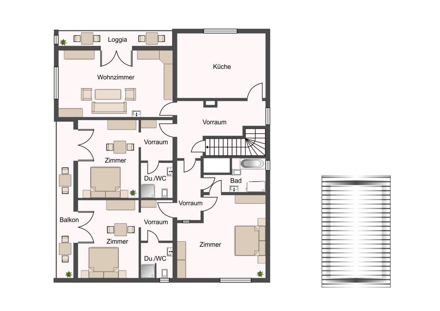Grundriss des Obergeschosses mit Wohnzimmer, Küche, Schlafzimmern, Bad und Balkon.