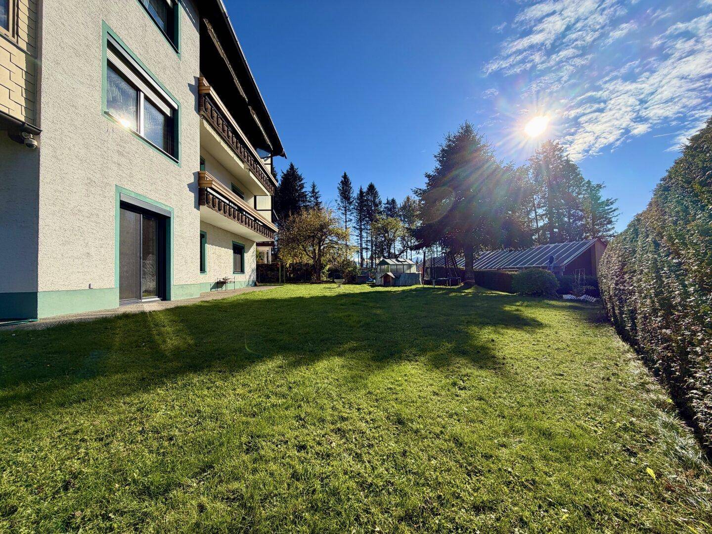 Sonniger Gartenbereich neben dem Gebäude mit viel Grünfläche und hohen Bäumen im Hintergrund.