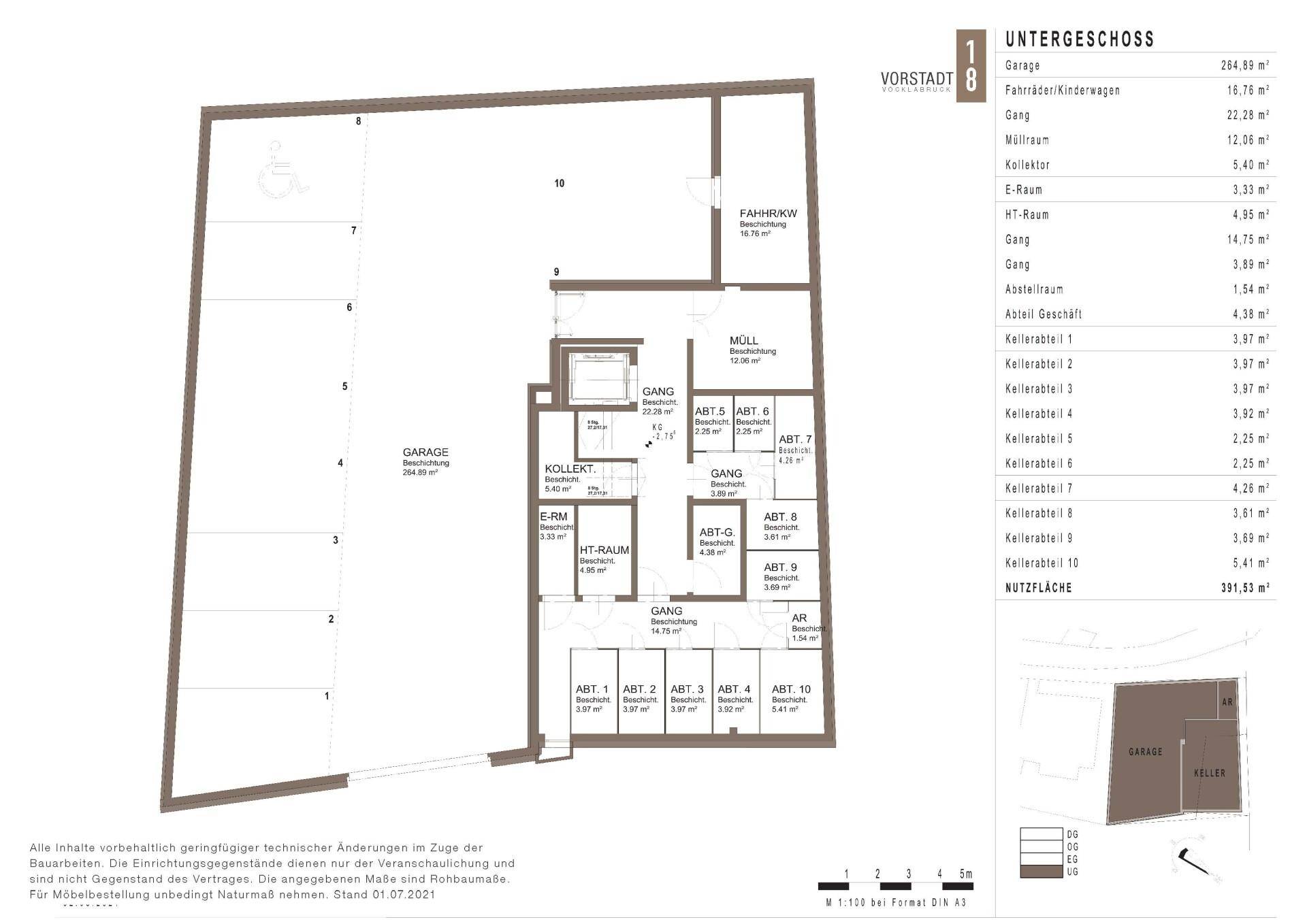 Grundriss des Untergeschosses mit Tiefgarage, Fahrradraum und mehreren Kellerabteilen.