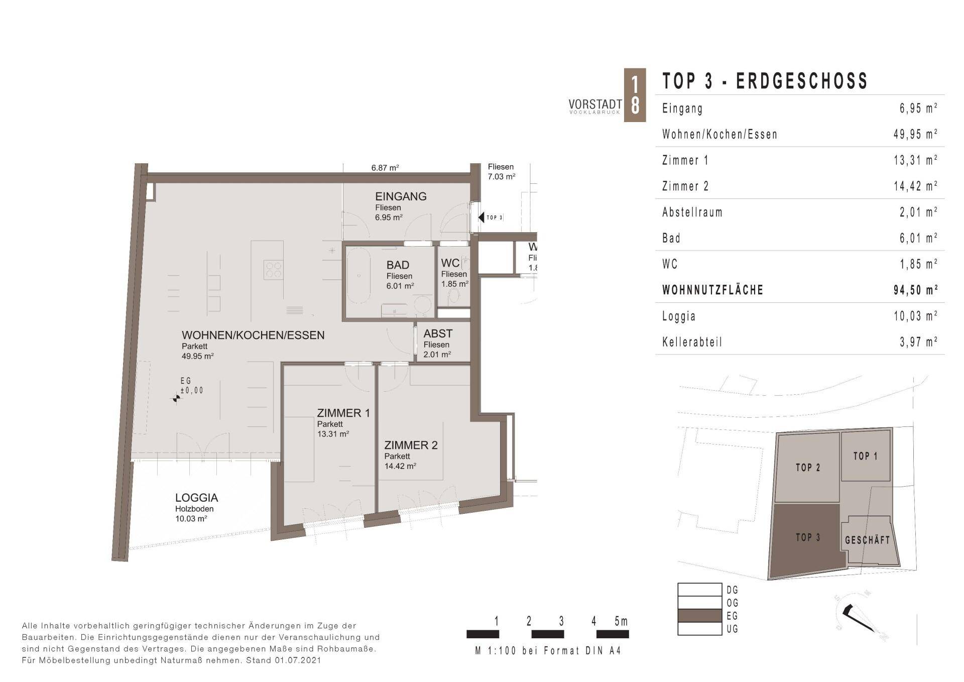 Grundriss des Erdgeschosses (Top 3) mit offenem Wohn-/Koch-/Essbereich und Loggia.