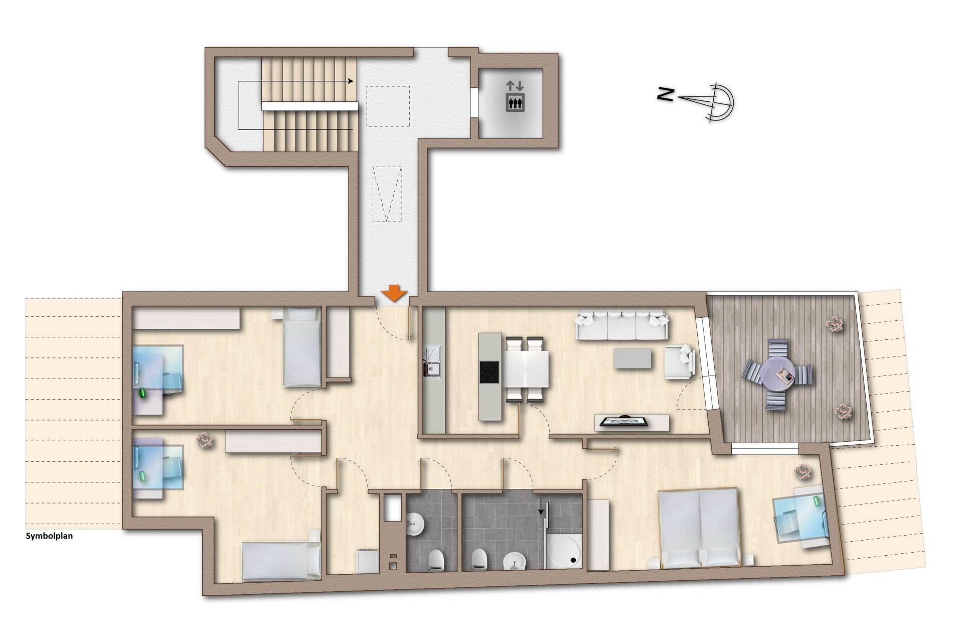 Grundriss einer Wohnung mit drei Schlafzimmern, offenem Wohnbereich, zwei Bädern und einer Terrasse.