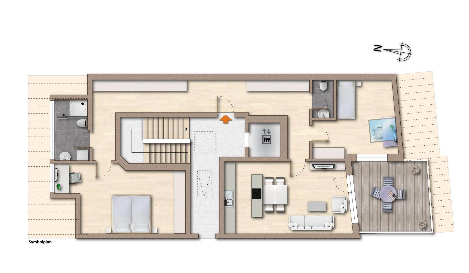 Grundriss einer Maisonette-Wohnung mit offenem Wohnbereich, zwei Bädern, Terrasse und Aufzug.