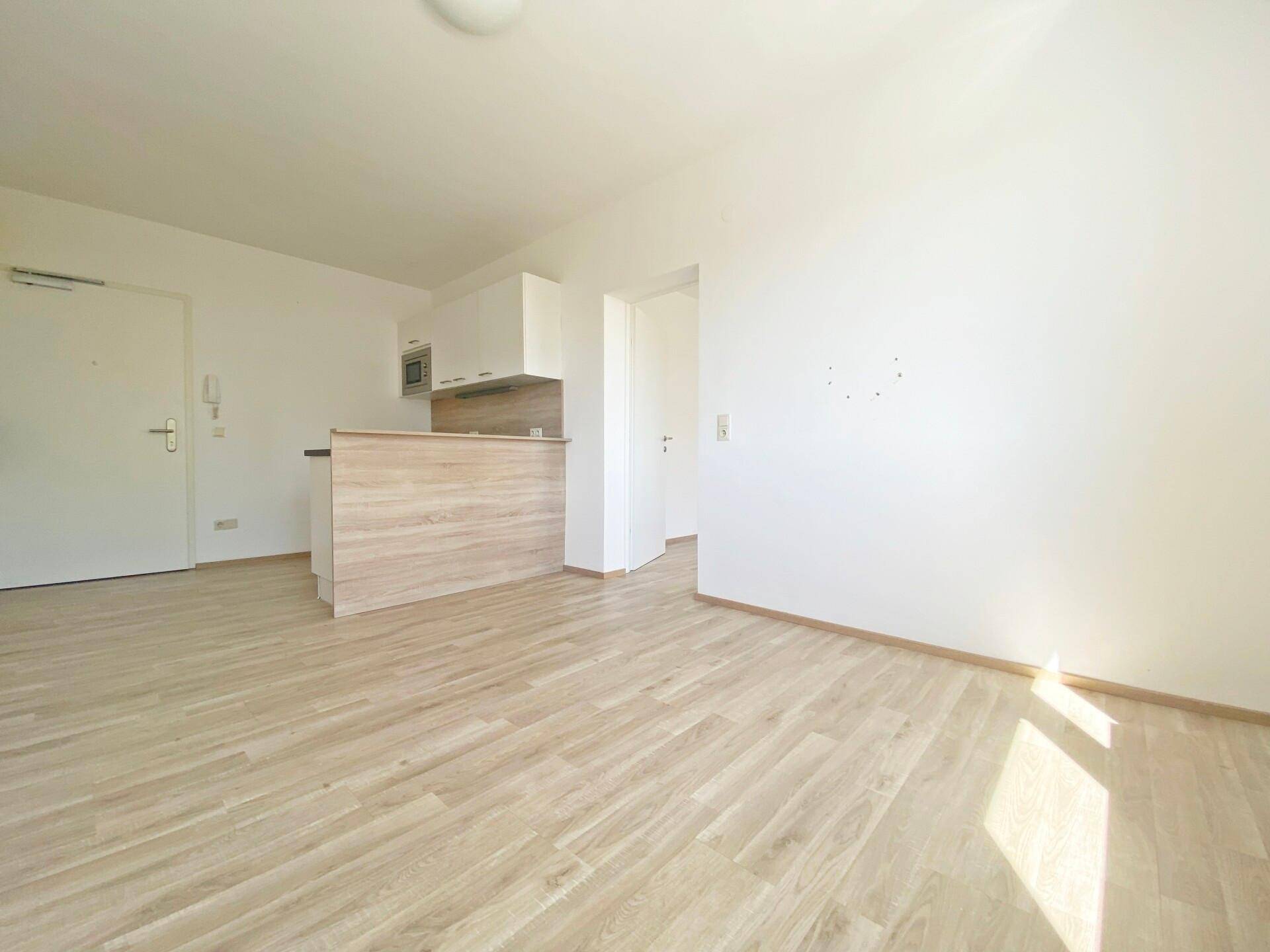 Offener Wohnbereich mit integrierter Küchenzeile, hellem Laminatboden und viel Tageslicht.