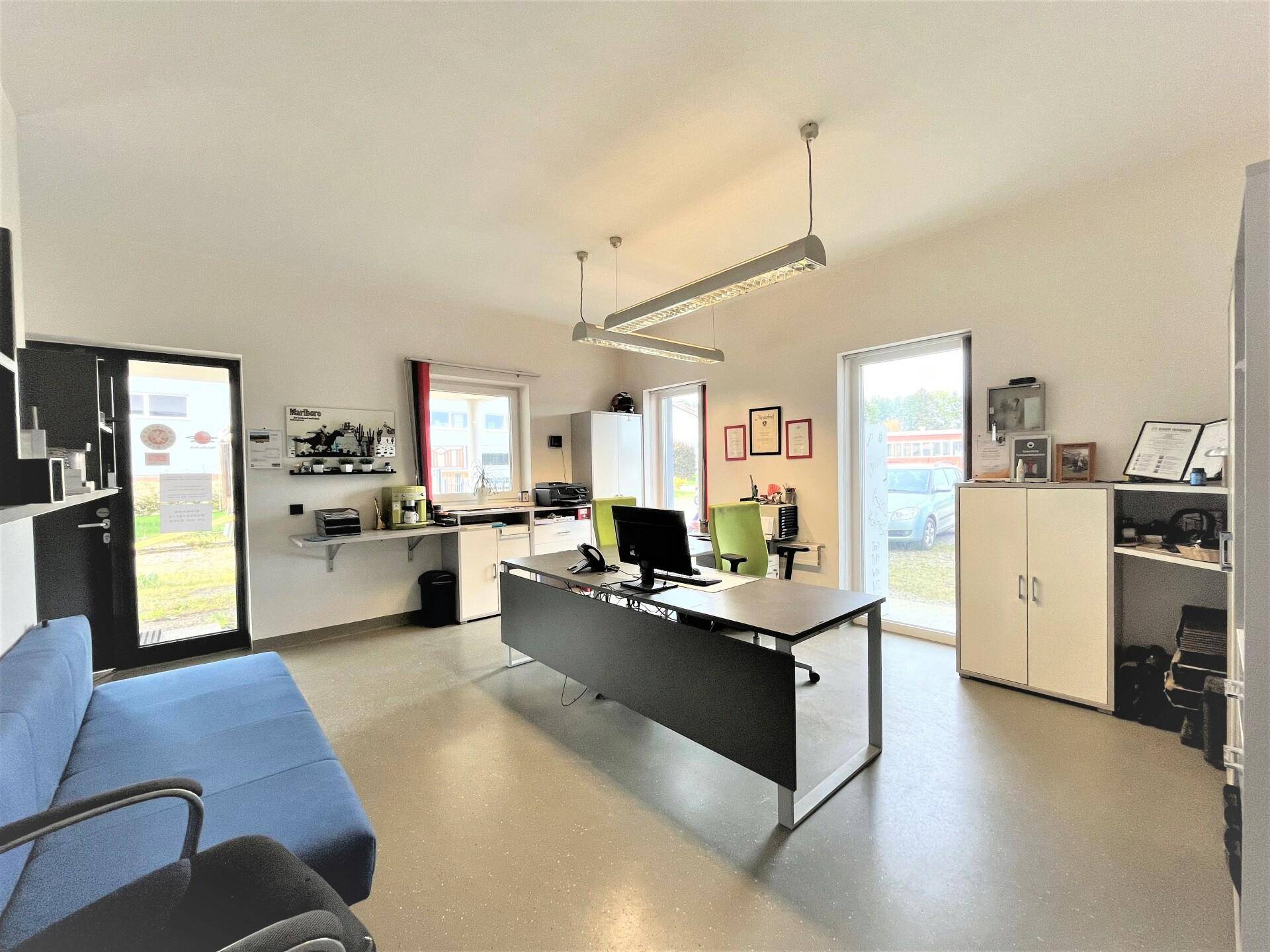 Helles und modernes Büro mit mehreren Arbeitsplätzen, blauer Couch und großen Fenstern mit Blick ins Grüne.