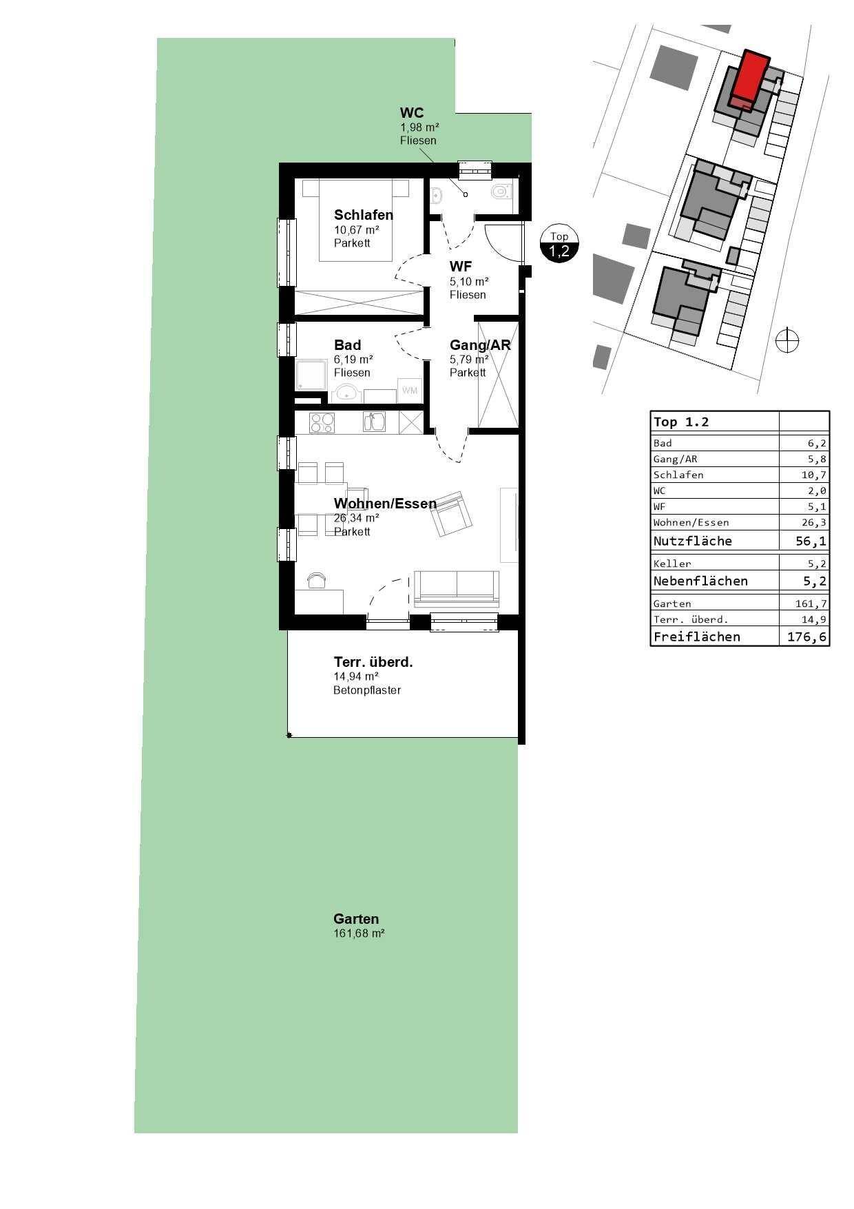 Grundrissplan Haus 1, Top 2 mit Garten 56,1 m²_ 118_PRA-2 (002)