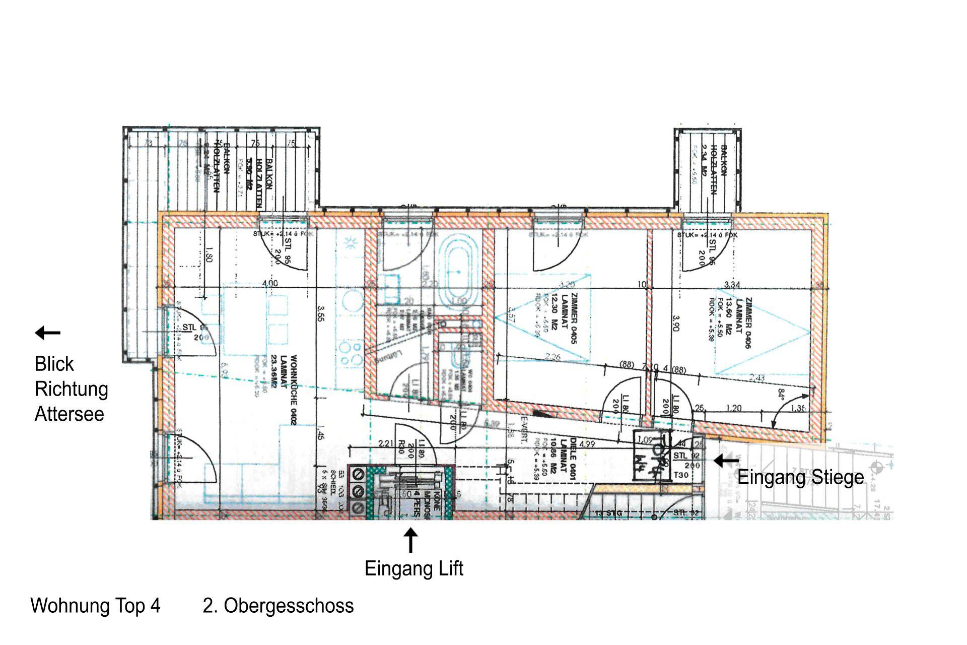 Grundriss der Wohnung Top 4 im 2. Obergeschoss mit Balkonen und Liftzugang.