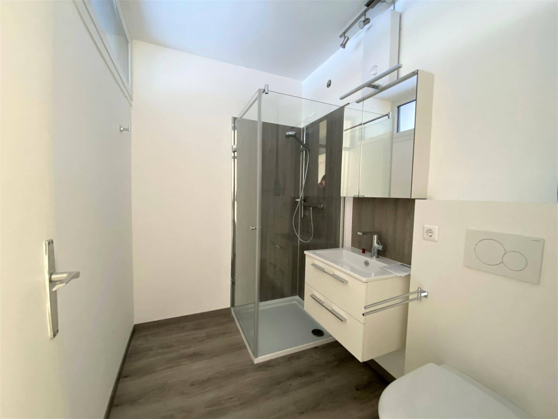 Modernes Badezimmer mit ebenerdiger Dusche, Einzelwaschbecken und Spiegelschrank.